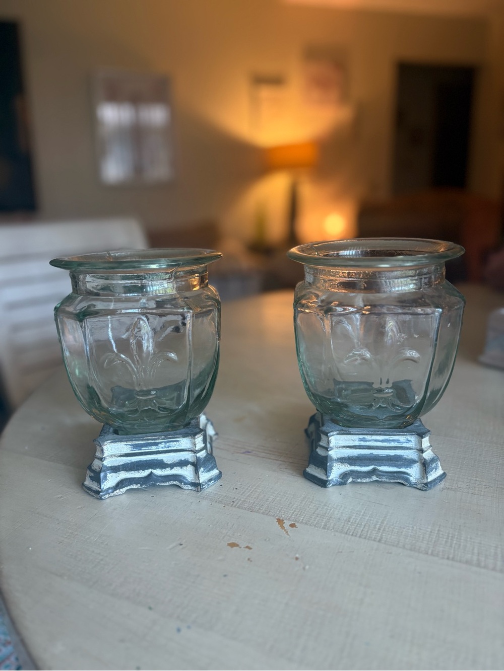 Glass Fleur-de-Lis Votive Holders with Distressed Metal Bases - Clear/Gray